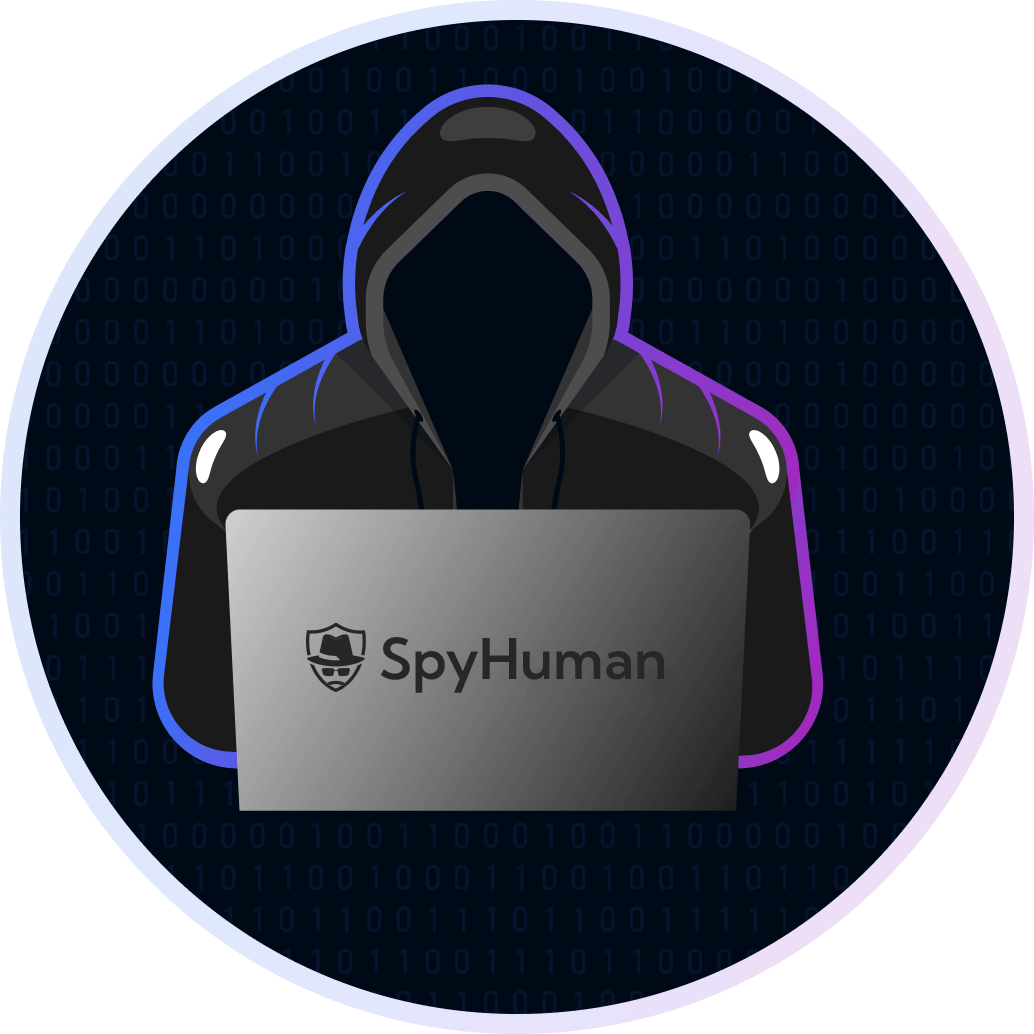 Illustration of hooded figure monitoring secure laptop for SpyHuman Android cell phone tracker and parental control app