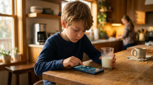 Boy using smartphone at counter
