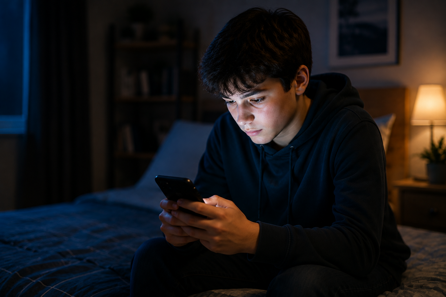 Teenager Texting in a Moody Bedroom