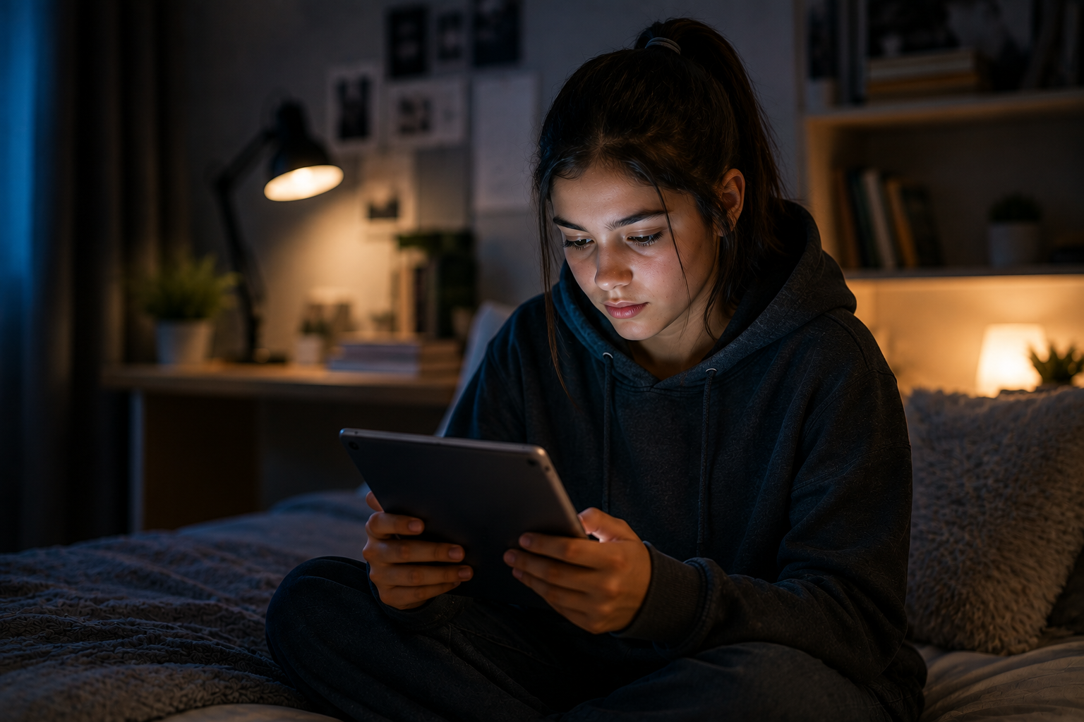 a girt using a tab in dark room