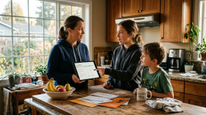 Family discussing tablet