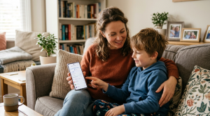 Parent showing smartphone to child