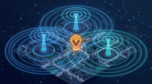 Towers emitting signal over city
