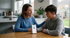 parent and teenager talking about smartphone