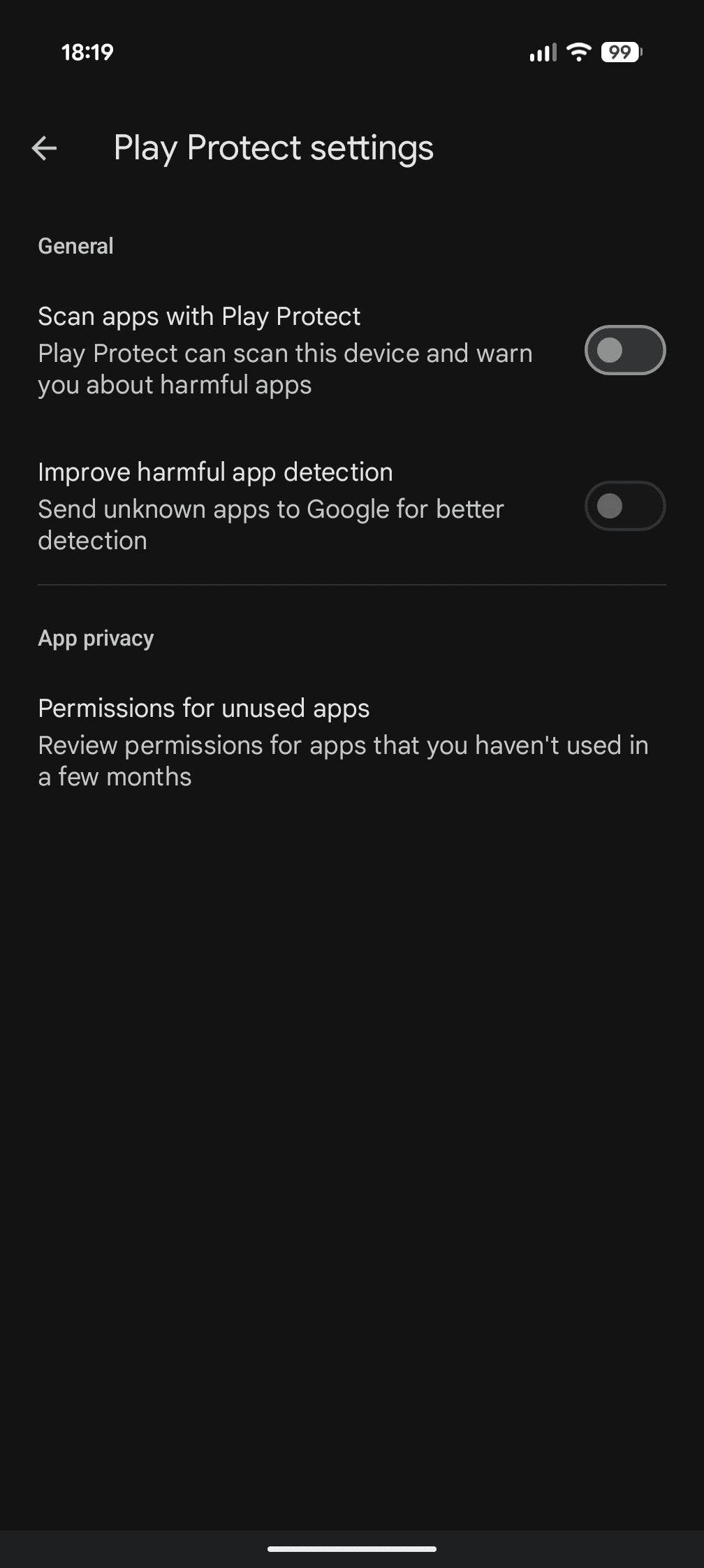 Android Play Protect settings showing disabled scan toggle