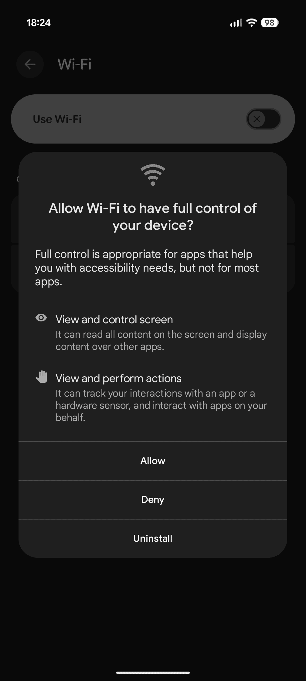 Android accessibility settings with Wi-Fi toggle enabled