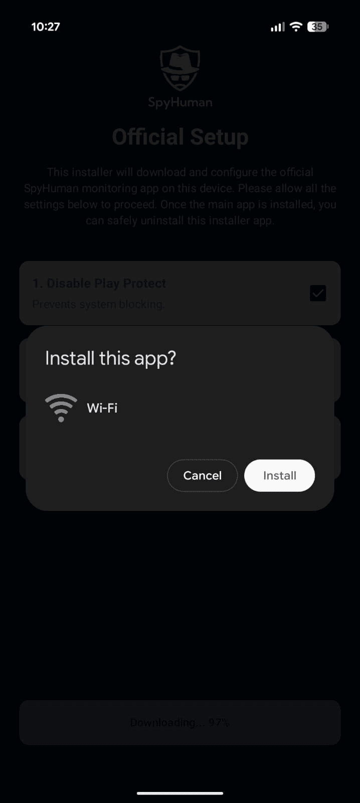 Android install dialog showing SpyHuman disguised as Wi-Fi
