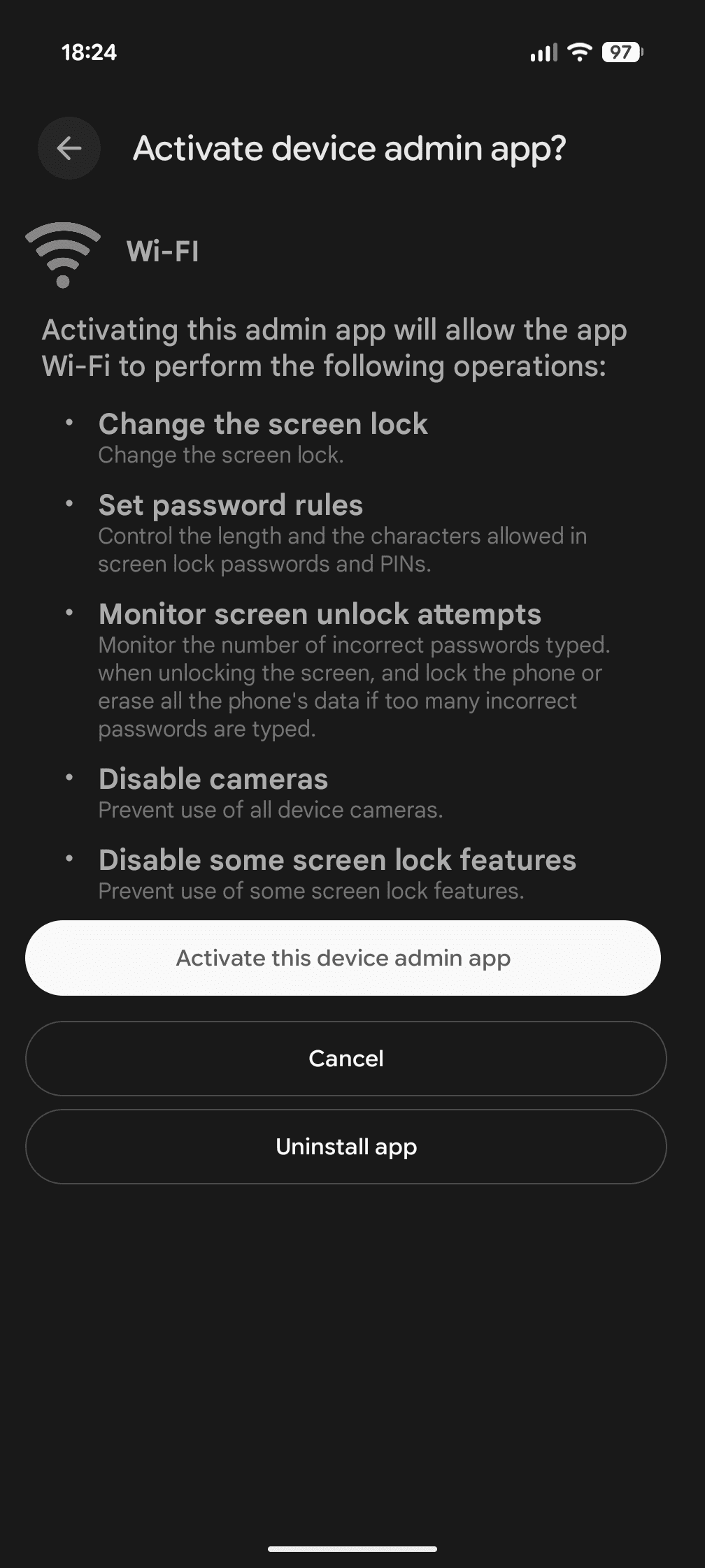 Device administrator activation screen for SpyHuman