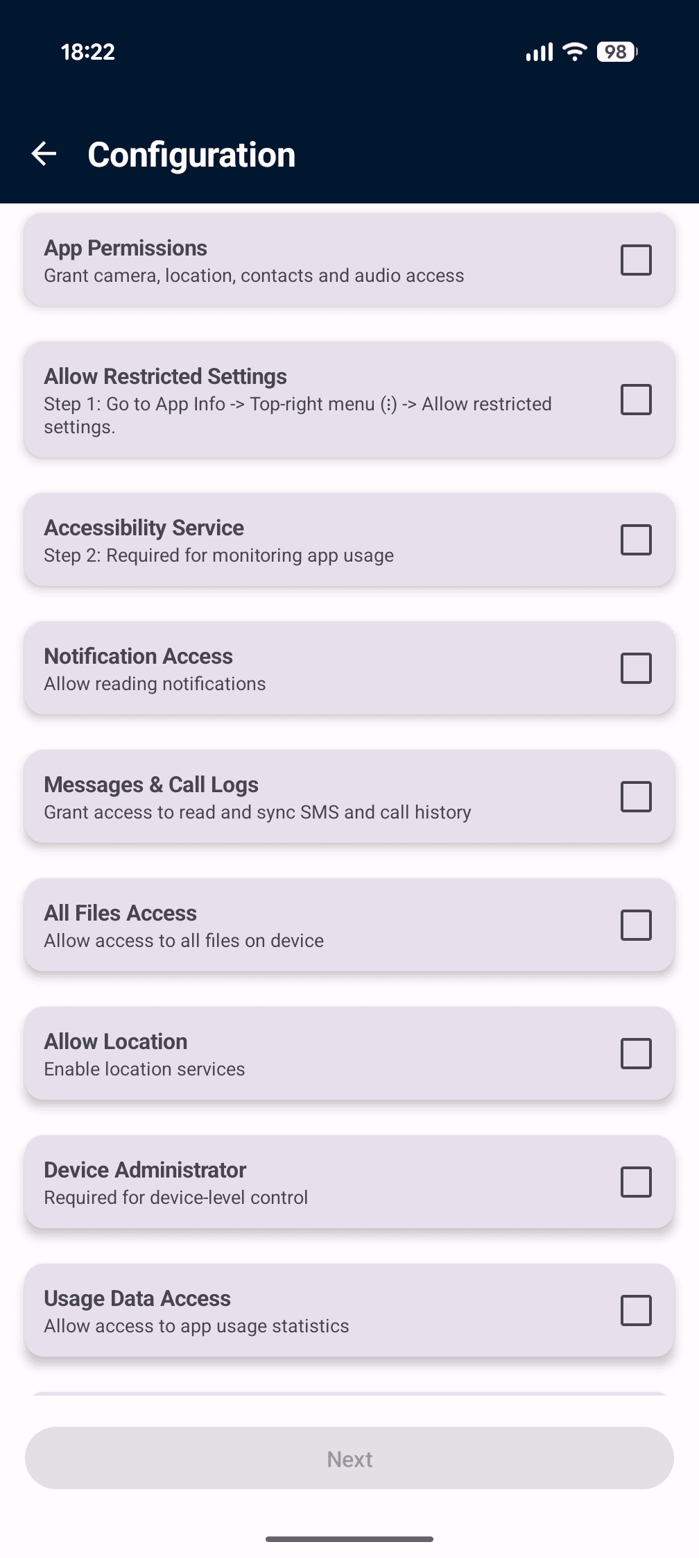 SpyHuman configuration screen with all permissions listed