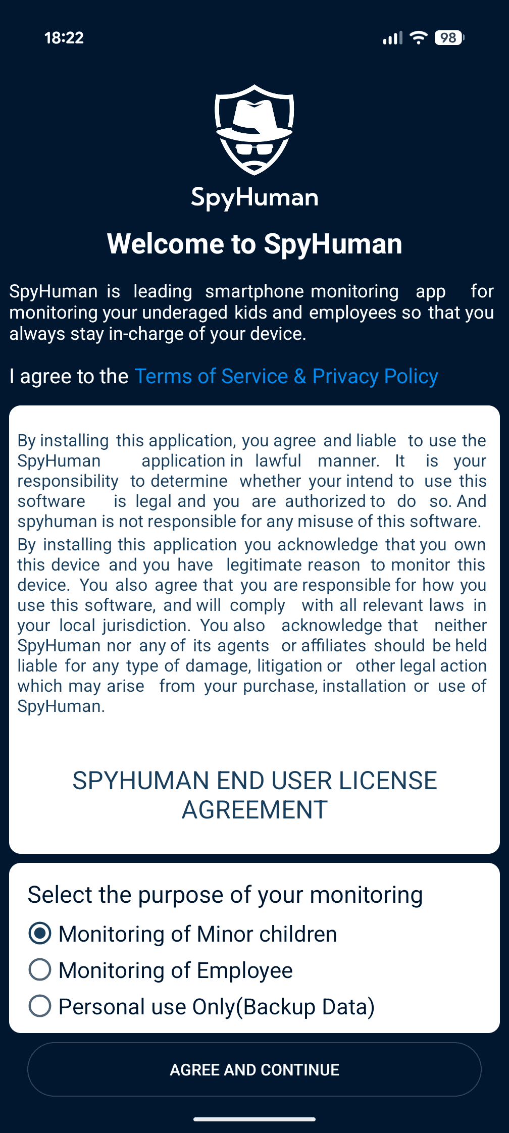 SpyHuman monitoring mode selection screen